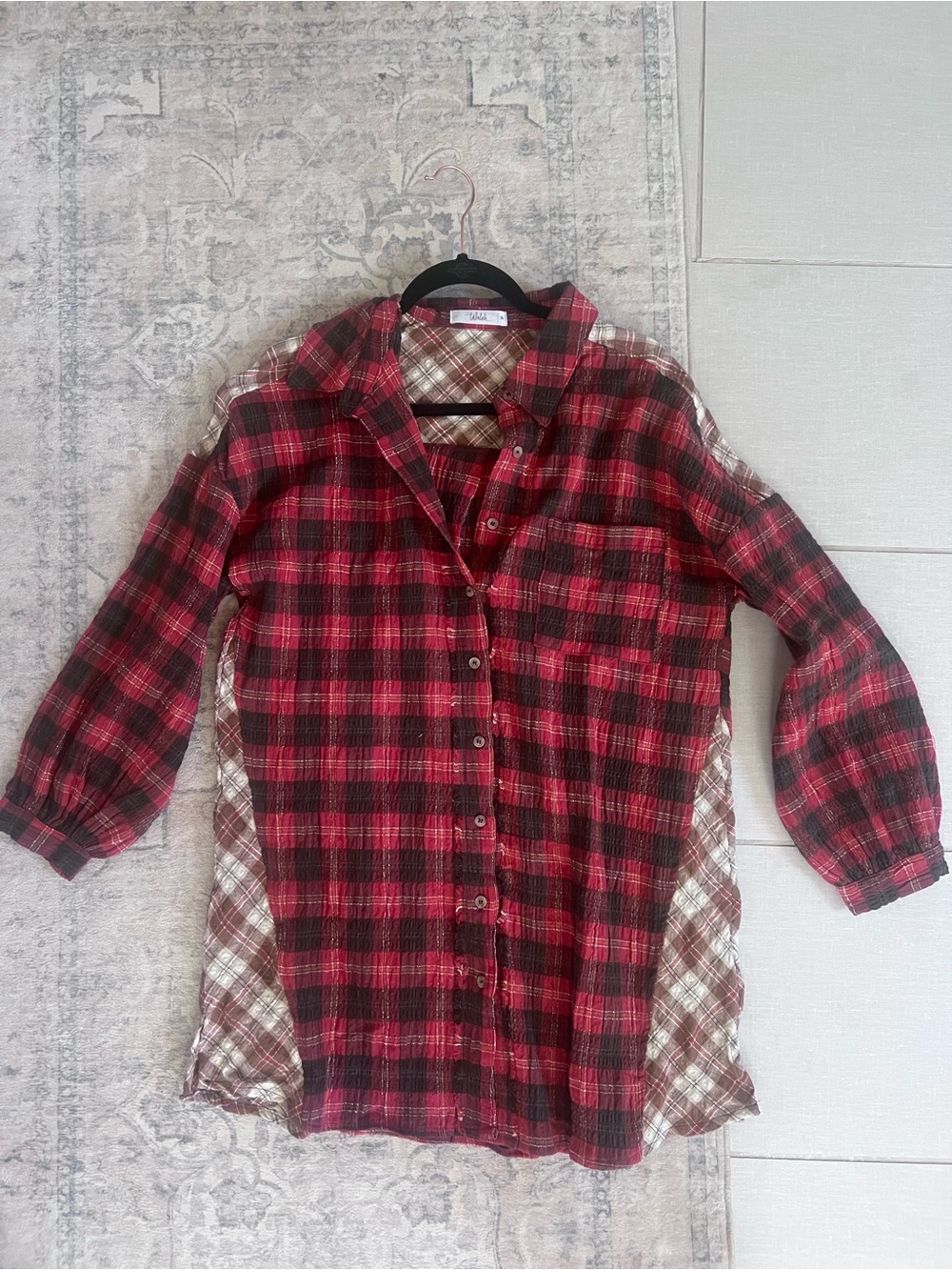Red Plaid Button-Down Shirt Dress with Contrast Back
